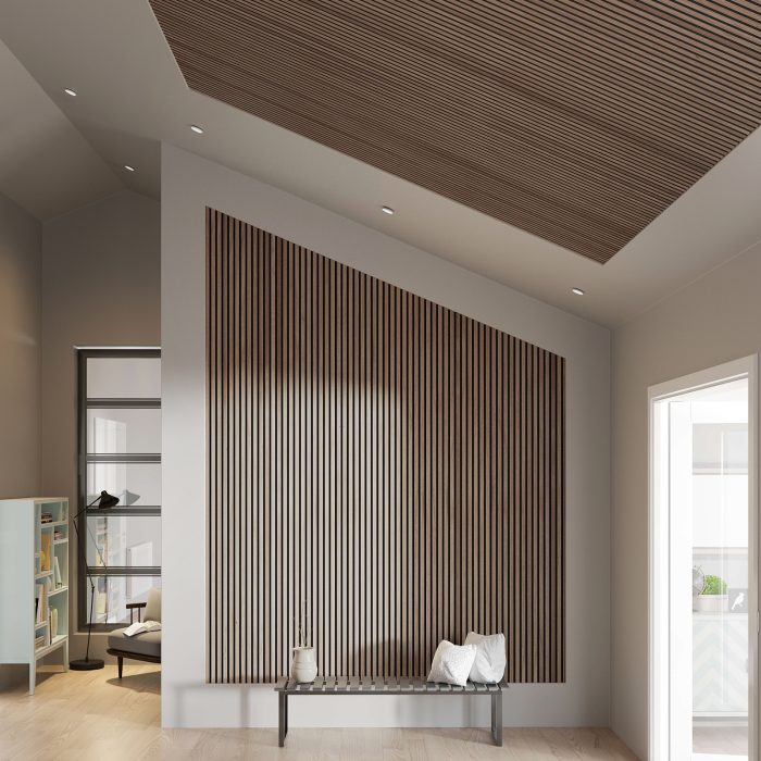 Akupanel kan bruges til at skabe smukke listevægge og listelofter, som tilføjer et moderne udtryk i rummet. Panelet er lyddæmpende og fjerner efterklang i rummet, hvilket forbedrer akustikken i rummet markant.